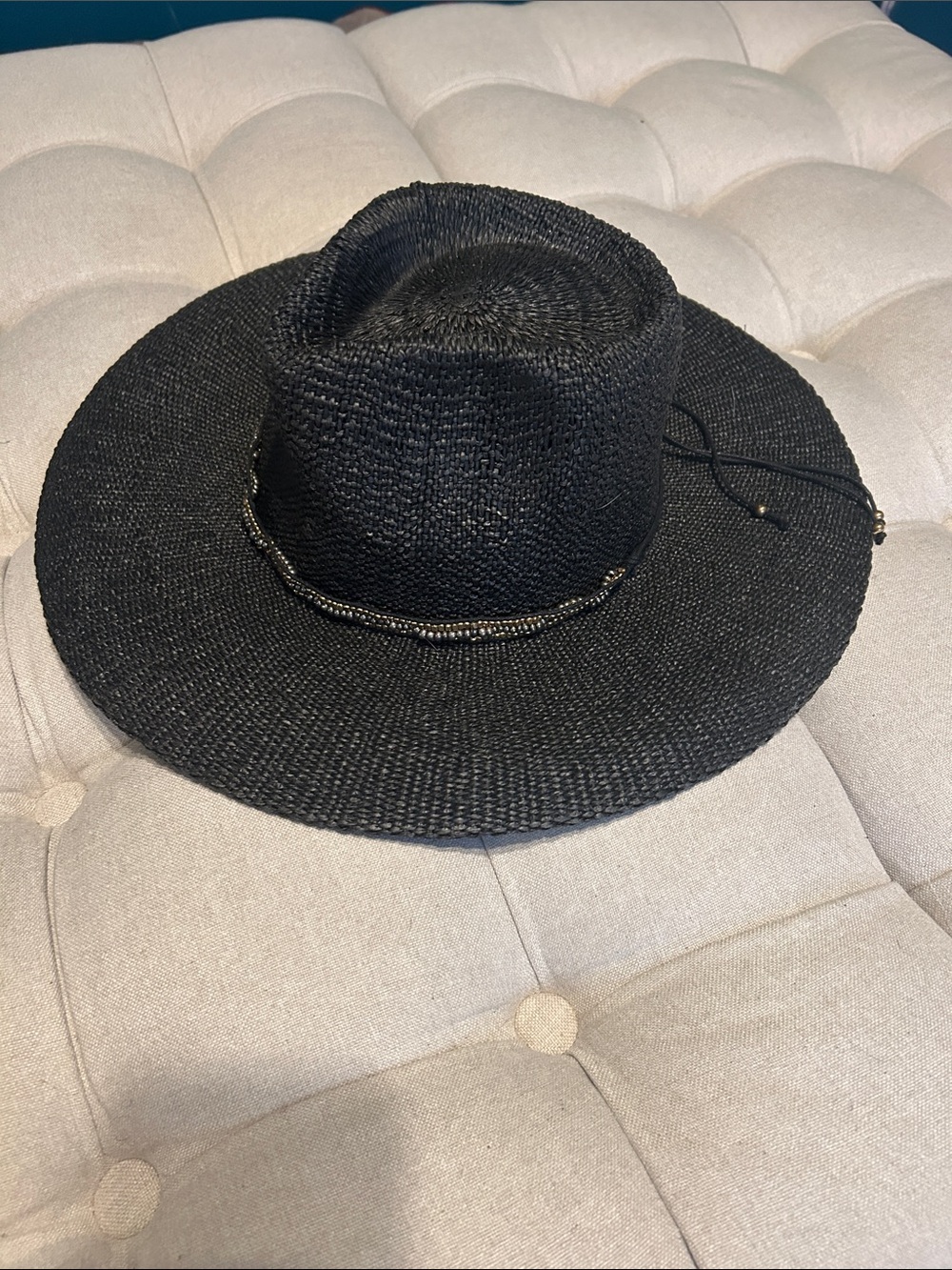 Monte Carlo - Nikki Beach - Black Wide-Brim Straw Sun Hat with Beaded Trim